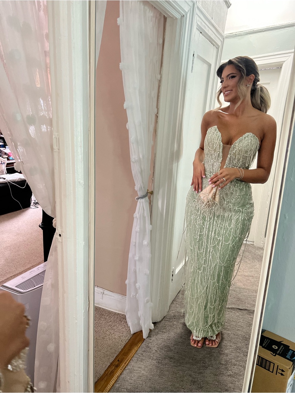 Strapless Beaded Evening Gown in Sage Green